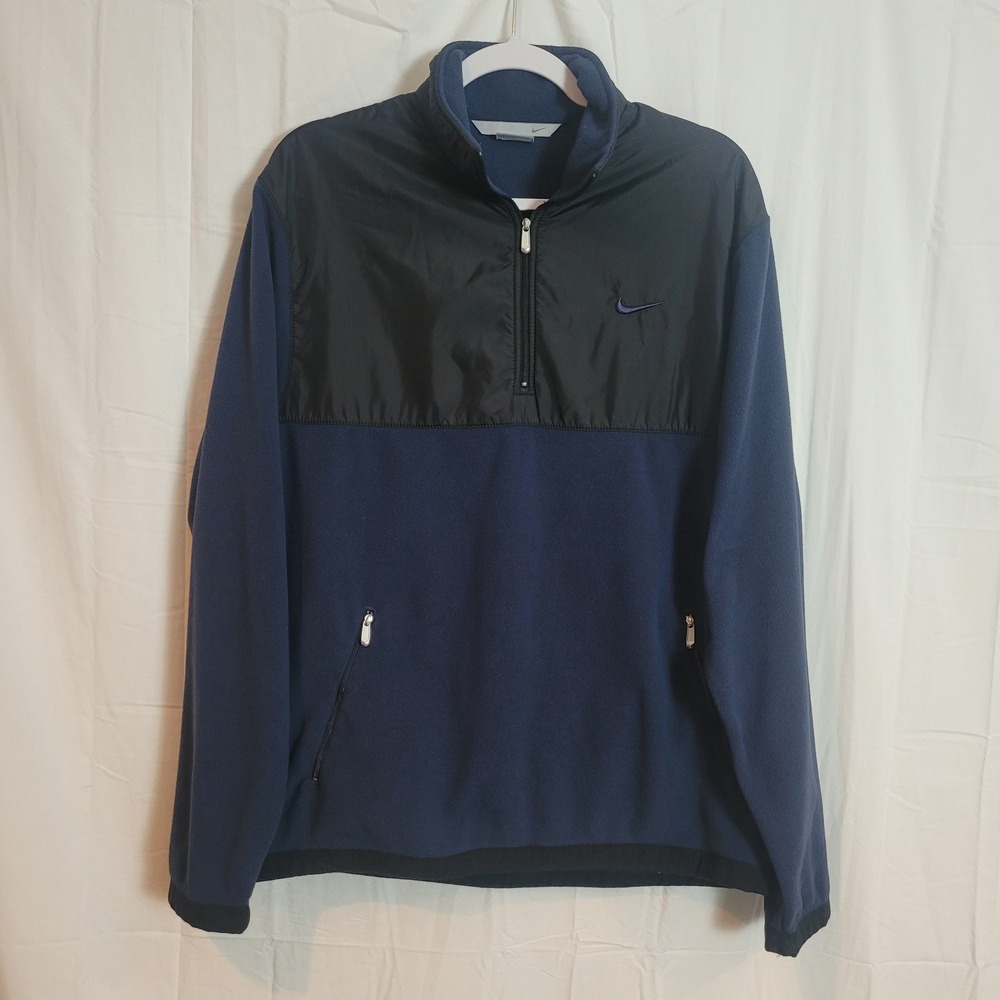Nike Mens Quarter Zip Fleece Pullover Navy Blue Black Nylon Overlay Large Sporty